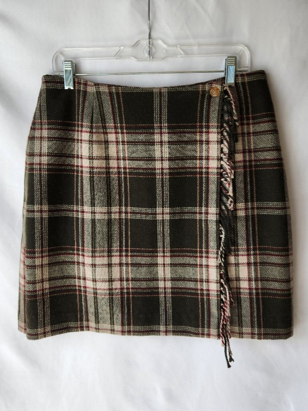 Bice Sag Harbor Plaid Faux Wrap Wool Miniskirt Fringe Lined Size 14